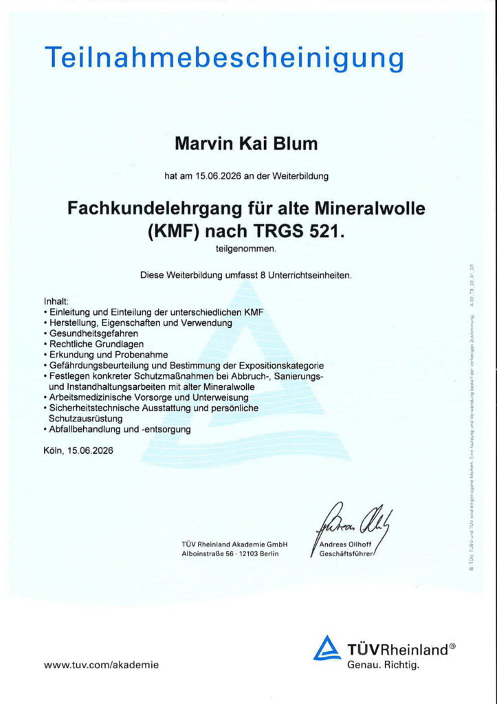 Fachkundelehrgang Mineralwolle - Marvin Blum